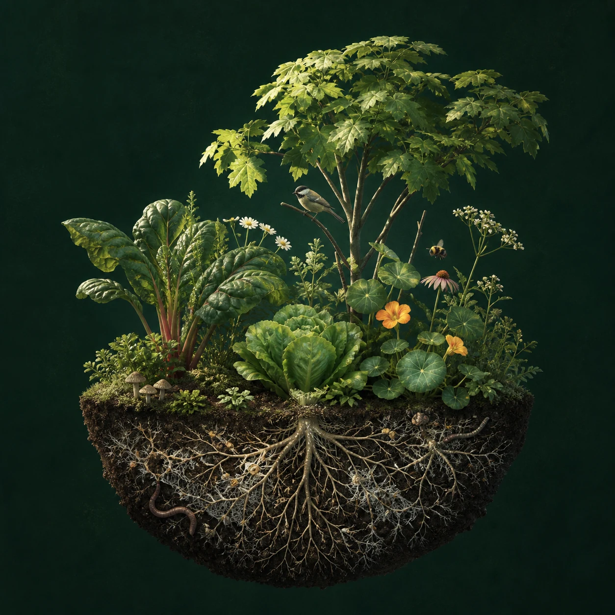 A living garden cross-section with edible plants, a shade tree, pollinators, a bird and a network of healthy roots