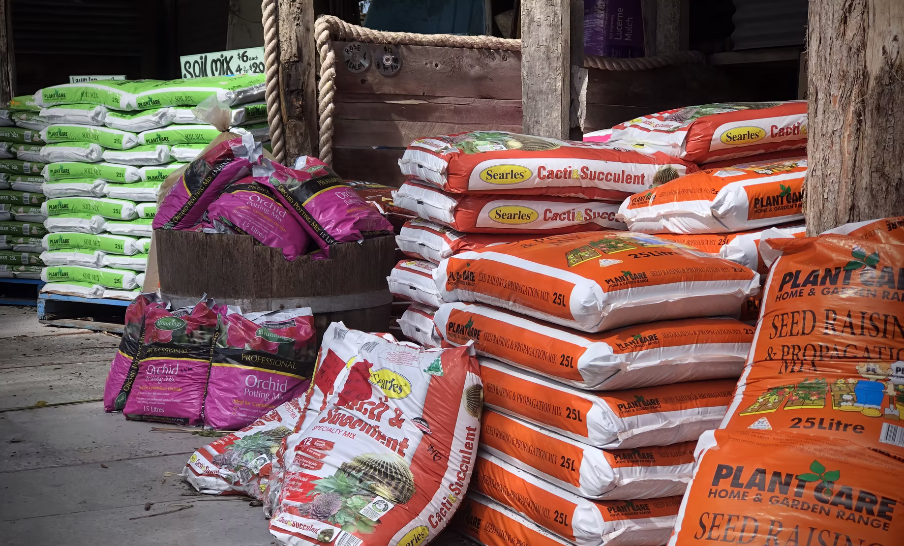 Bags of potting mix, mulch and fertiliser at New Leaf Nursery